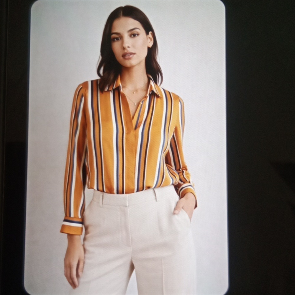 Lafayette 148 New York Striped Blouse Silk Mustard/golden Tone Womens Small